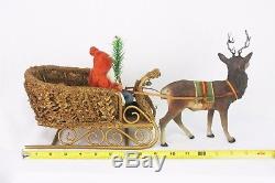Antique German Santa in Loofah Sleigh with Candy Container Reindeer ca1910