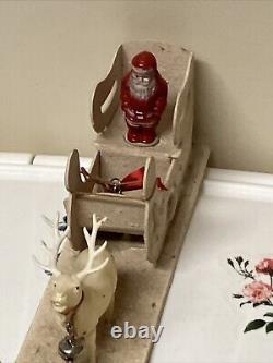 Antique German Santa in Sleigh Celluloid SANTA & Reindeers Christmas Jingle Bell