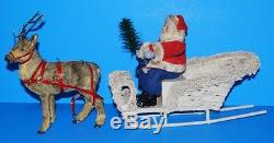 Antique Germany Santa, Sleigh, Fur Reindeer Putz Set