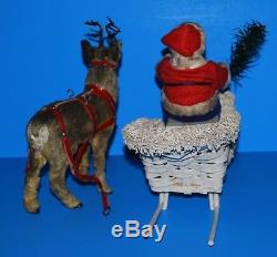 Antique Germany Santa, Sleigh, Fur Reindeer Putz Set