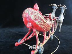 Antique Hubley Style SANTA SLEIGH Mechanical Cast Iron Toy with2 Prancing REINDEER