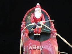 Antique Hubley Style SANTA SLEIGH Mechanical Cast Iron Toy with2 Prancing REINDEER