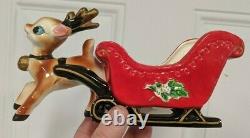 Antique Lefton Christmas Reindeer Pulling Sleigh & Tag Decor Santa Claus Rare