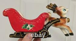 Antique Lefton Christmas Reindeer Pulling Sleigh & Tag Decor Santa Claus Rare