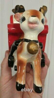 Antique Lefton Christmas Reindeer Pulling Sleigh & Tag Decor Santa Claus Rare