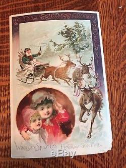 Antique Lion Coffee Christmas Trade Card Woolson Spice SANTA REINDEER SLEIGH