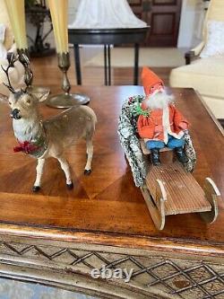 Antique Loofah Santa Sleigh with Reindeer Candy Container Germany