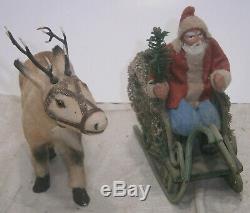 Antique Reindeer pulling Santa on Sled german 1920's christmas candy container