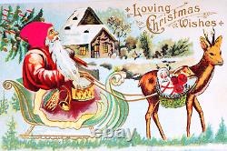 Antique Santa Claus Sleigh Reindeer Fabric Hat Austrian Christmas Postcard