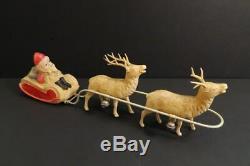 Antique Santa Claus on Sleigh with Reindeers 12 Celluloid Japan 1940's