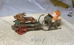 Antique Santa Reindeer Sleigh Germany Tin Cotton Batting Miniature c1900 Rare