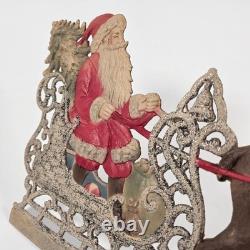 Antique Santa in Sleigh Reindeer. Embossed Paper. German Vtg Christmas 1900s