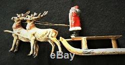Antique Santa on Sleigh 2-Reindeer Germany Heyde Miniature Rare c1900