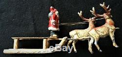 Antique Santa on Sleigh 2-Reindeer Germany Heyde Miniature Rare c1900