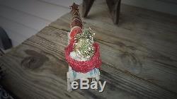 Antique Small Santa Wood Sleigh Reindeer Red Woven Basket 3 Bottle Brush Trees