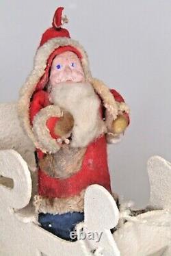Antique VTG Clay Face SANTA Putz SLED Plastic Reindeer Christmas Ornament Japan