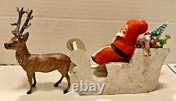 Antique VTG Composition Santa In Paperboard Sled Metal Reindeer Toys German
