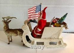 Antique Vintage Clay Face Santa Paperboard Mica Sled Metal Reindeer Toys Japan
