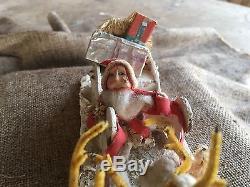 Antique Vintage Composition Santa in Mica Glittered Sleigh, 3 Chenille Reindeer