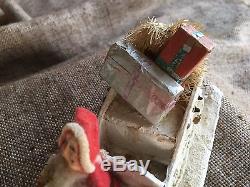 Antique Vintage Composition Santa in Mica Glittered Sleigh, 3 Chenille Reindeer