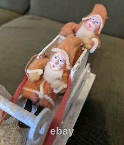 Antique Vintage Cotton Batting Santas In Sleigh Pulled By 2 Celluloid Reindeer