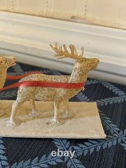 Antique Vintage Cotton Batting Santas In Sleigh Pulled By 2 Celluloid Reindeer