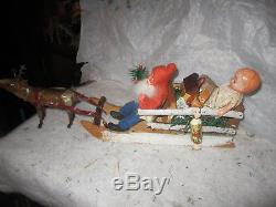 Antique Vintage Paper Mache Belsnickle German Santa Lg Log Wood Sleigh +Reindeer