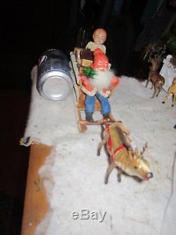 Antique Vintage Paper Mache Belsnickle German Santa Lg Log Wood Sleigh +Reindeer