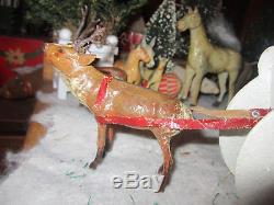 Antique Vintage Paper Mache German Santa + Sleigh Driven by Paper Mache Reindeer