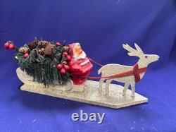 Antique Vintage Paper Mache Santa Claus Sleigh Reindeer Centerpiece Ornament 15