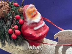 Antique Vintage Paper Mache Santa Claus Sleigh Reindeer Centerpiece Ornament 15