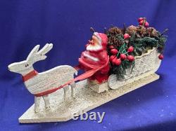 Antique Vintage Paper Mache Santa Claus Sleigh Reindeer Centerpiece Ornament 15