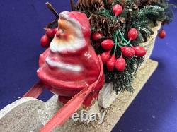 Antique Vintage Paper Mache Santa Claus Sleigh Reindeer Centerpiece Ornament 15