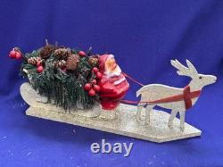 Antique Vintage Paper Mache Santa Claus Sleigh Reindeer Centerpiece Ornament 15