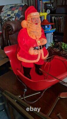 Antique Vintage Santa Sleigh & Reindeer Blow Mold Plastic Union 1960's RARE HTF