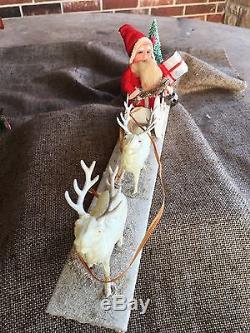 Antique Vintage Santa in Sleigh, Celluloid Reindeer, Brush Tree, Decoration Display