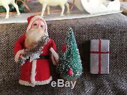 Antique Vintage Santa in Sleigh, Celluloid Reindeer, Brush Tree, Decoration Display