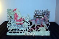 Antique c1900 die-cut Christmas SANTA, sleigh & reindeer decoration stand-up 15