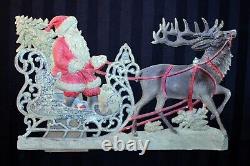 Antique c1900 die-cut Christmas SANTA, sleigh & reindeer decoration stand-up 15