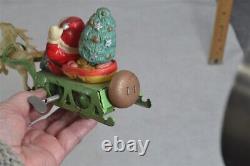 Antique santa/sleigh/reindeer toy wind-up red green tin celluloid Japan works