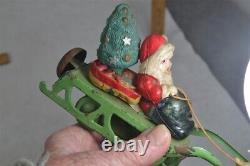 Antique santa/sleigh/reindeer toy wind-up red green tin celluloid Japan works