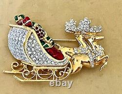 Authentic Swarovski Santa's Reindeer And Sleigh Brooch New Estate Piece