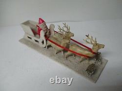 Beautiful Old 12L Celluloid Santa in Sled w 3 Celluloid Reindeer on Platform