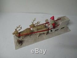 Beautiful Old 12L Celluloid Santa in Sled w 3 Celluloid Reindeer on Platform