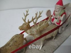 Beautiful Old 12L Celluloid Santa in Sled w 3 Celluloid Reindeer on Platform