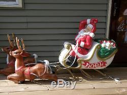 Blow Mold Santa Claus NOEL Sleigh and 2 reindeer