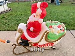 Blow Mold Vtg Santa Claus Sleigh 2 Reindeer Xmas Outdoor Lighted NEW LENOX ILL
