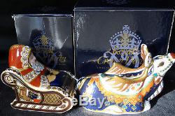 Boxed Pair Royal Crown Derby Santa & Sleigh plus Reindeer First quality + Signed