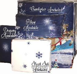 CHRISTMAS Holiday SANTAS Reindeer Red SLEIGH Snowflakes 6-8p Blue Comforter Set