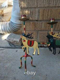 Candle Holder Santa Metal Reindeer Sleigh Metal HandPainted Christmas 32 VTG